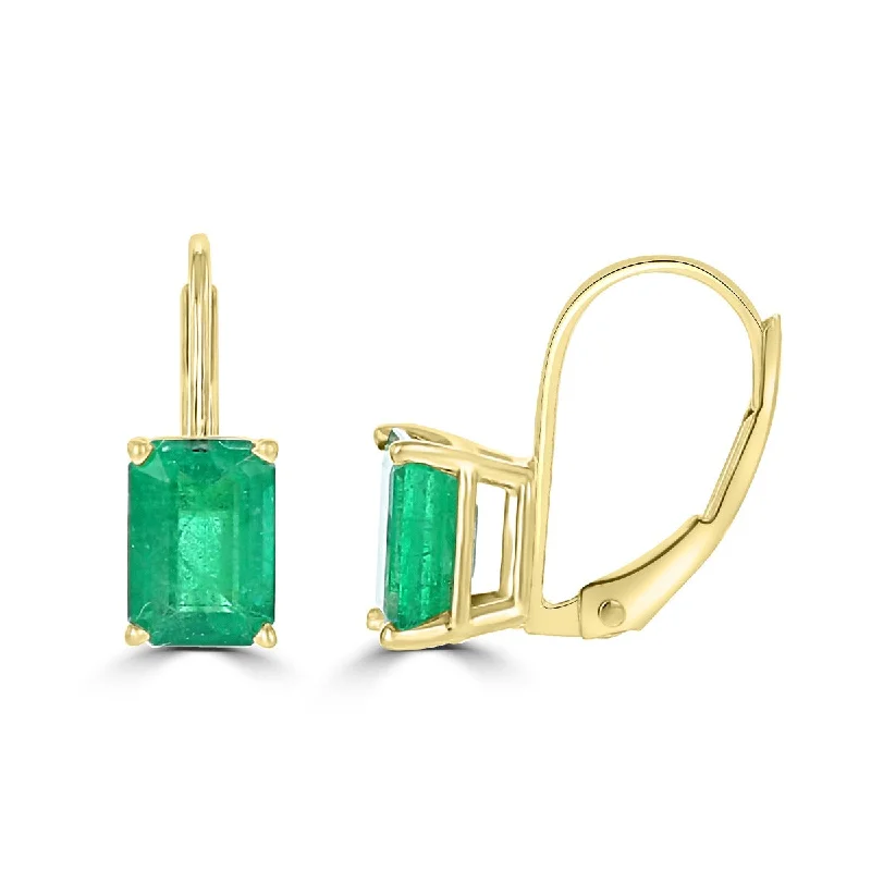 Shiny stud earrings-14KT YELLOW GOLD 2.00 CTW EMERALD CUT EMERALD LEVERBACK EARRINGS