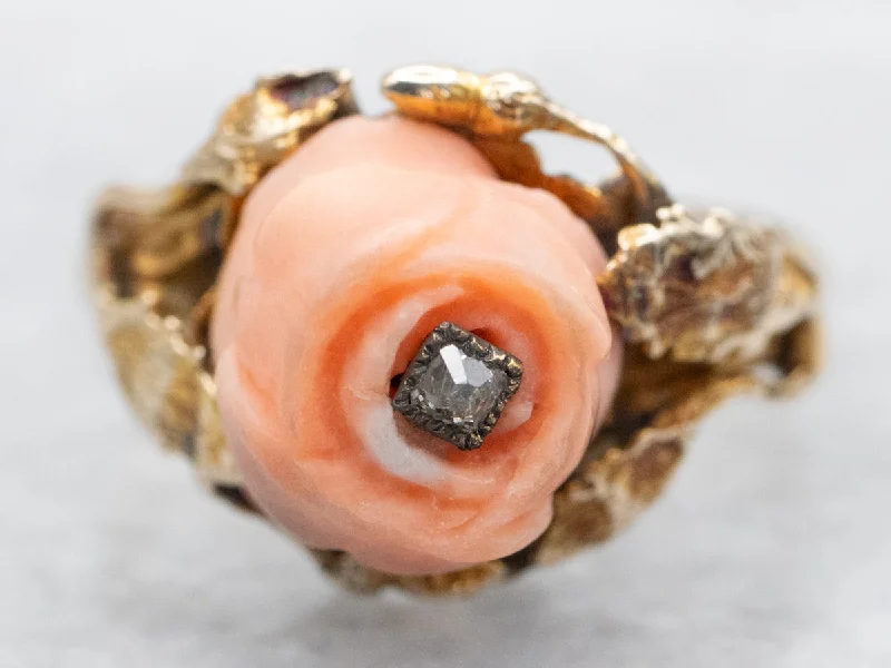 Tri-tone rings-Sweet Carved Coral Rose Ring with Old Mine Cut Diamond