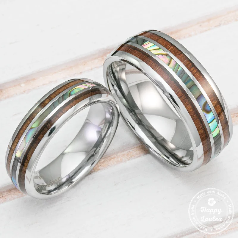 Bead edge rings-Pair of Tungsten Carbide Couple/Wedding Ring Set with Abalone Shell and Hawaiian Koa Wood Tri Inlay - 6&8mm, Dome Shape, Comfort Fitment