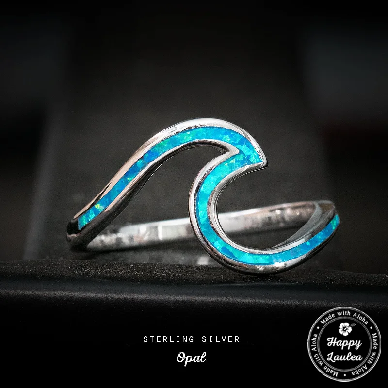 Pure shine rings-Petite Sterling Silver Wave Ring with Opal Inlay