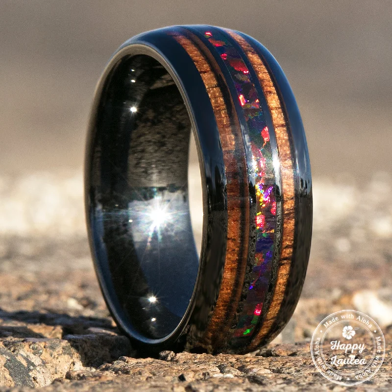 Fine pearl rings-HI-TECH Black Ceramic Ring with Fire Opal & Koa Wood Tri Inlay Inlay - 8mm, Dome Shape, Comfort Fitment