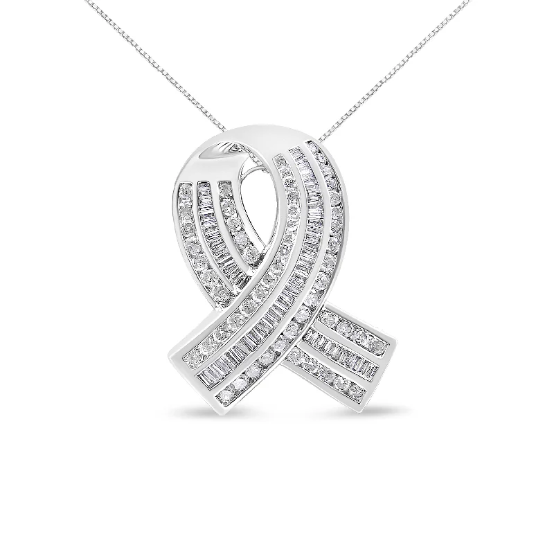 Old coin necklaces-14K White Gold 2 5/8 Cttw Channel Set Round and Baguette Diamond Awareness Ribbon Pendant