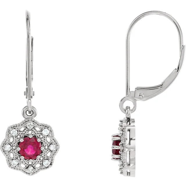 Slip knot earrings-14KT GOLD 0.70 CTW RUBY & 1/8 CTW DIAMOND VINTAGE HALO EARRINGS