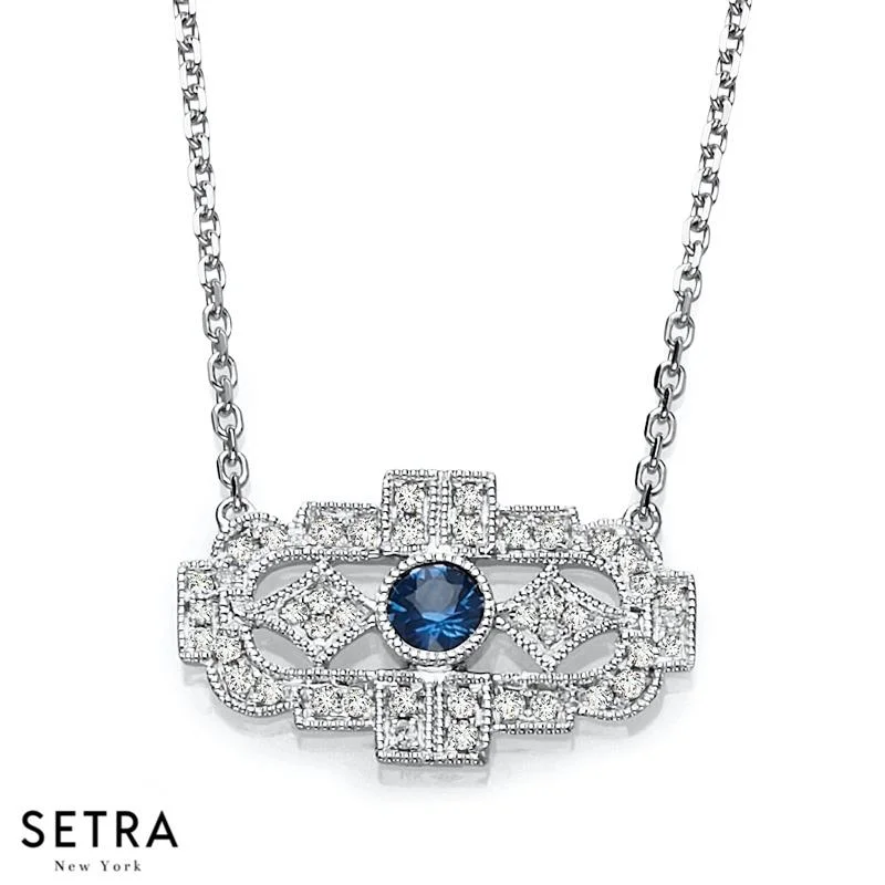 Aged style necklaces-14K FINE GOLD VINTAGE ROUND SAPPHIRE & DIAMOND NECKLACE