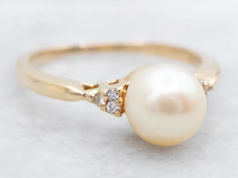 Reed style rings-Yellow Gold Saltwater Pearl Ring with Diamond Accents