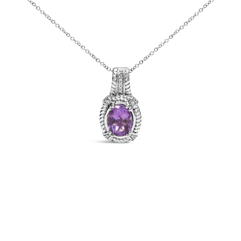 Old coin necklaces-.925 Sterling Silver 9x7mm Oval Purple Amethyst and Round Diamond Accent Fashion Drop Pendant 18 Inch Necklace