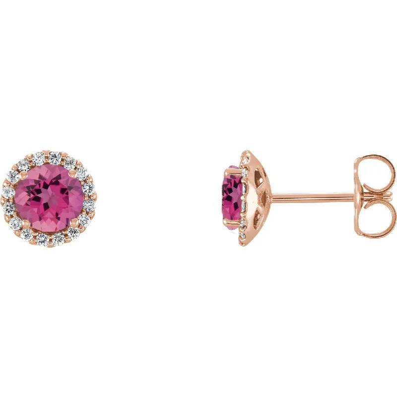 Sapphire stone earrings-14KT GOLD 1.50 CTW PINK TOURMALINE & 1/8 CTW DIAMOND HALO EARRINGS