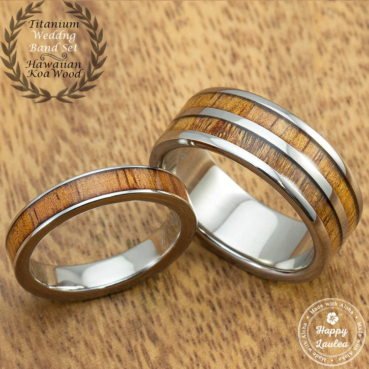 Hand-glossy rings-Titanium Wedding Ring Set [4&8mmm widths] Hawaiian Koa Wood Inlay