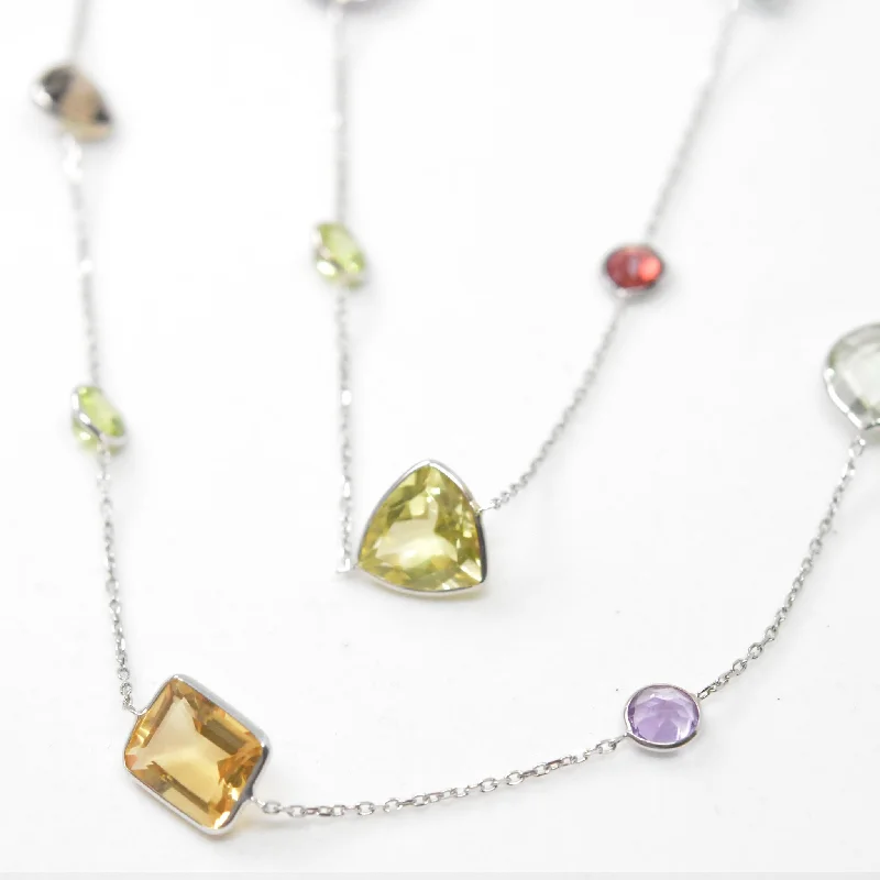 Soft bead necklaces-Multi-Colored Gem Stone Necklace 14K White Gold