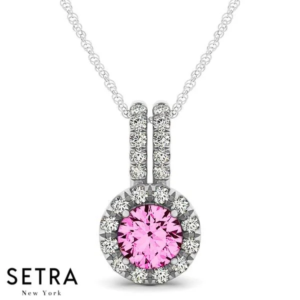 Coil knot necklaces-Vintage 18K Gold Round Cut Diamonds & Pink Sapphire In Halo Setting Necklace