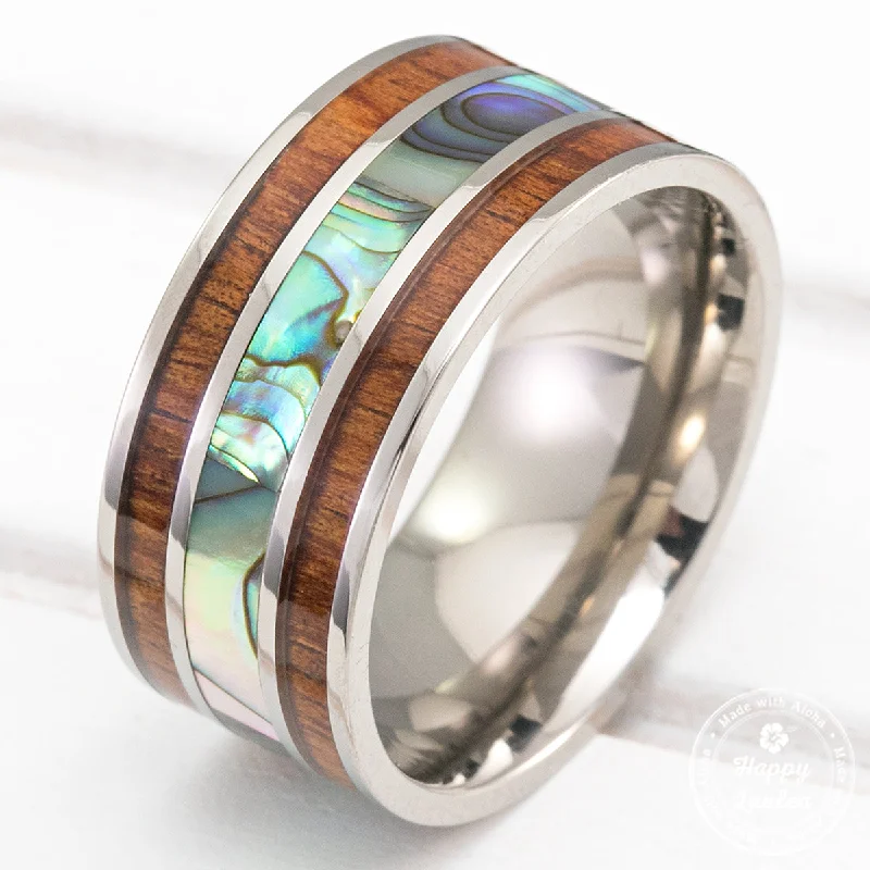 Silk cord rings-Titanium Ring with Abalone Shell and Hawaiian Koa Wood Tri Inlay - 10mm, Flat Shape, Comfort Fitment