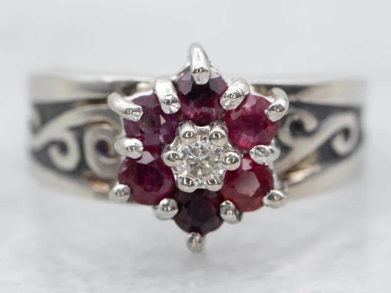 Curved art rings-White Gold Ruby and Diamond Flower Ring with Diamond Accent and Swirling Shoulders