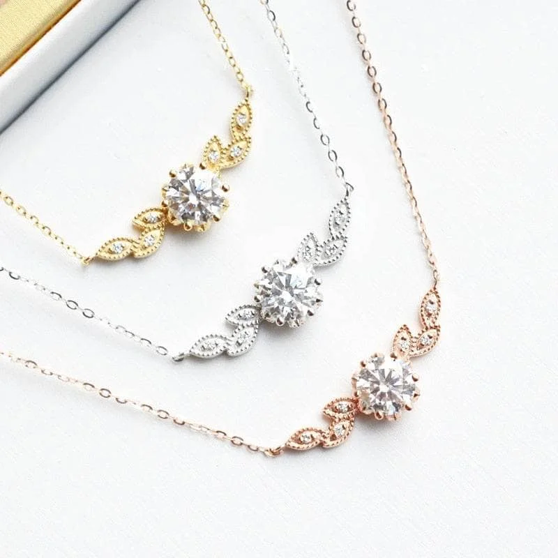 New moon necklaces-14K Gold 1ctw 6.5mm Diamond Floral Leaf Necklace