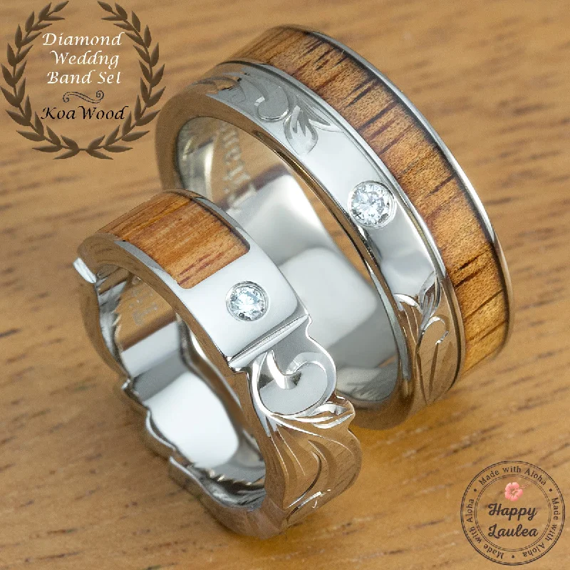 Soft enamel rings-Diamond Titanium Floral Pattern Ring Set with Koa Wood Inlay