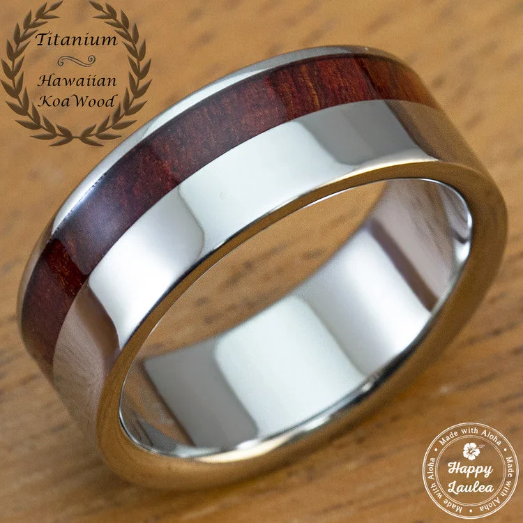 Multi-gem rings-Titanium GR5 Ring [8mm] Offset Koa Wood Inlay Flat Shape, Comfort Fitment