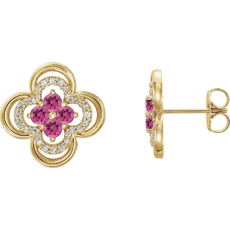 Thin wire earrings-14KT GOLD 0.32 CTW PINK TOURMALINE & 1/5 CTW DIAMOND CLOVER EARRINGS