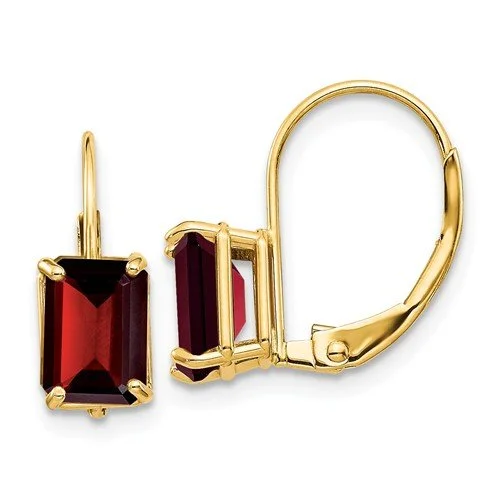 Ripple drop earrings-14KT YELLOW GOLD 2.50 CTW EMERALD CUT GARNET LEVERBACK EARRINGS