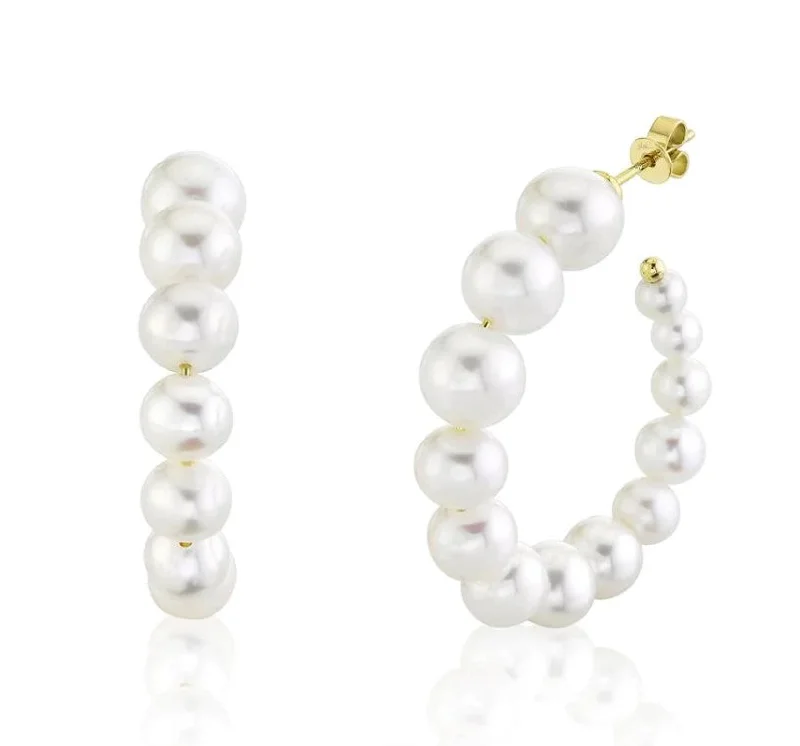 Sapphire stud earrings-EMILIQUE 14KT YELLOW GOLD GRADUATED CULTURED PEARL HOOP EARRINGS