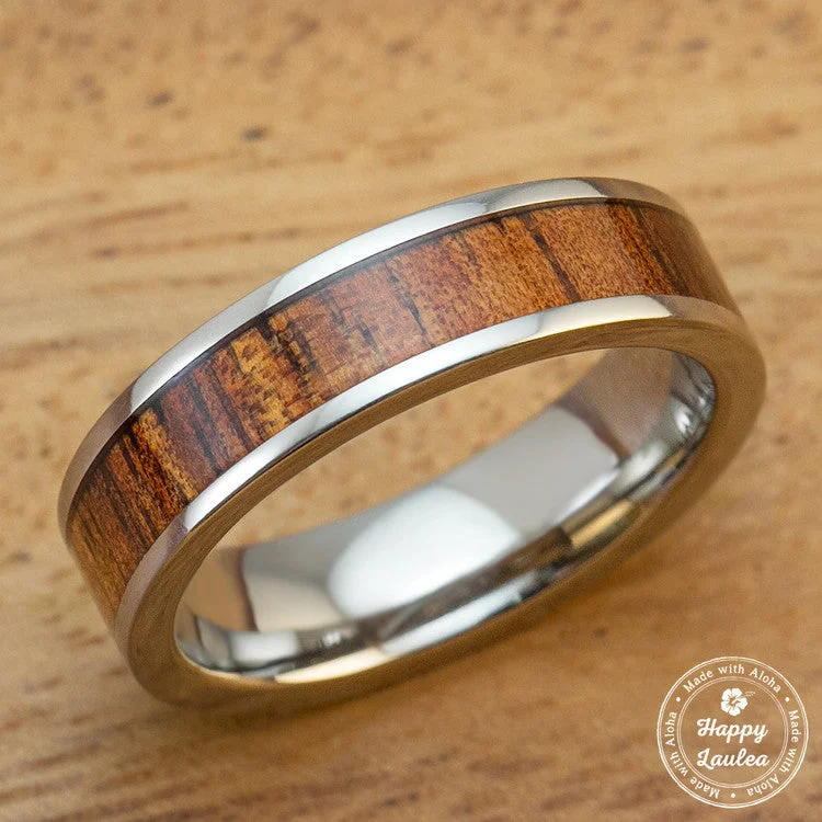 Tri-tone rings-Titanium Ring with Hawaiian Koa Wood Inlay-6mm, Flat Shape, Standard Fitment