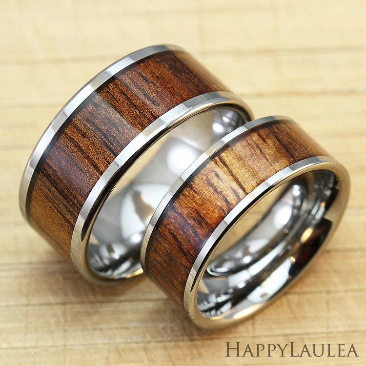 Pine grain rings-Pair of 8 & 10mm Tungsten Carbide Rings with Hawaiia Koa Wood Inlay - Flat Shape, Comfort Fitment