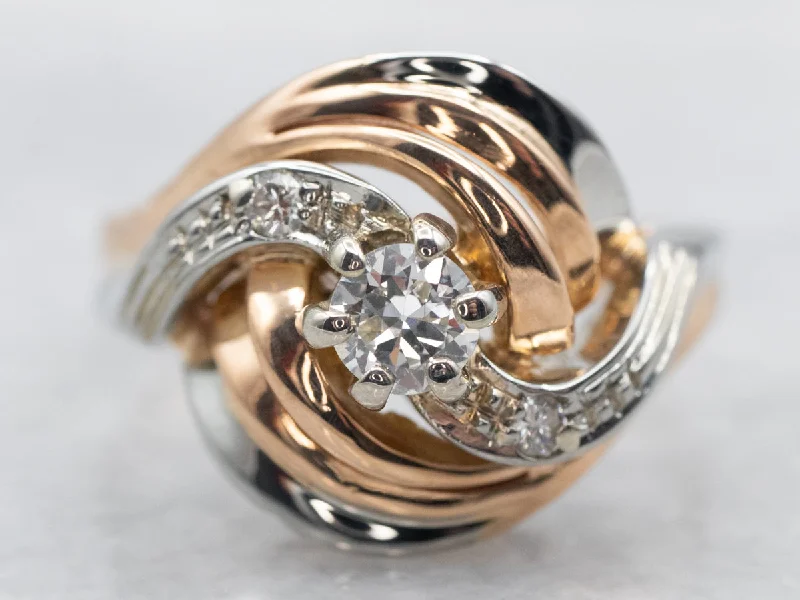 Akoya pearl rings-Swirling Retro Era European Cut Diamond Cocktail Ring