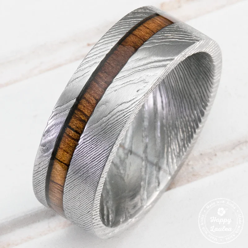 Ruby rings-Damascus Steel Ring with Hawaiian Koa Wood Offset Inlay - 8mm, Flat Shape, Comfort Fitment