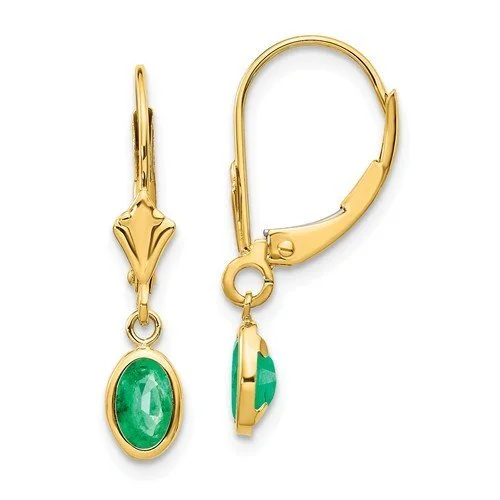 Fine hoop earrings-14KT YELLOW GOLD 1.00 CTW OVAL SHAPE EMERALD DROP EARRINGS