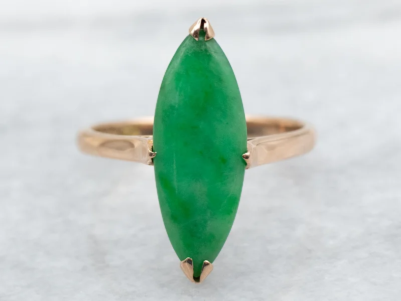 Coil band rings-Vintage Gold Elongated Marquise-Cut Jadeite Ring