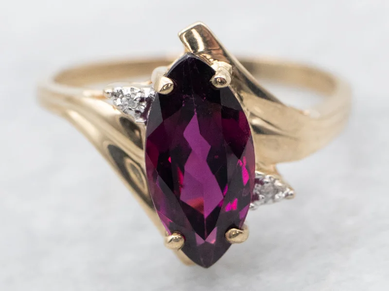 Sun theme rings-Yellow Gold Marquise Cut Rhodolite Garnet Bypass Ring with Diamond Accents