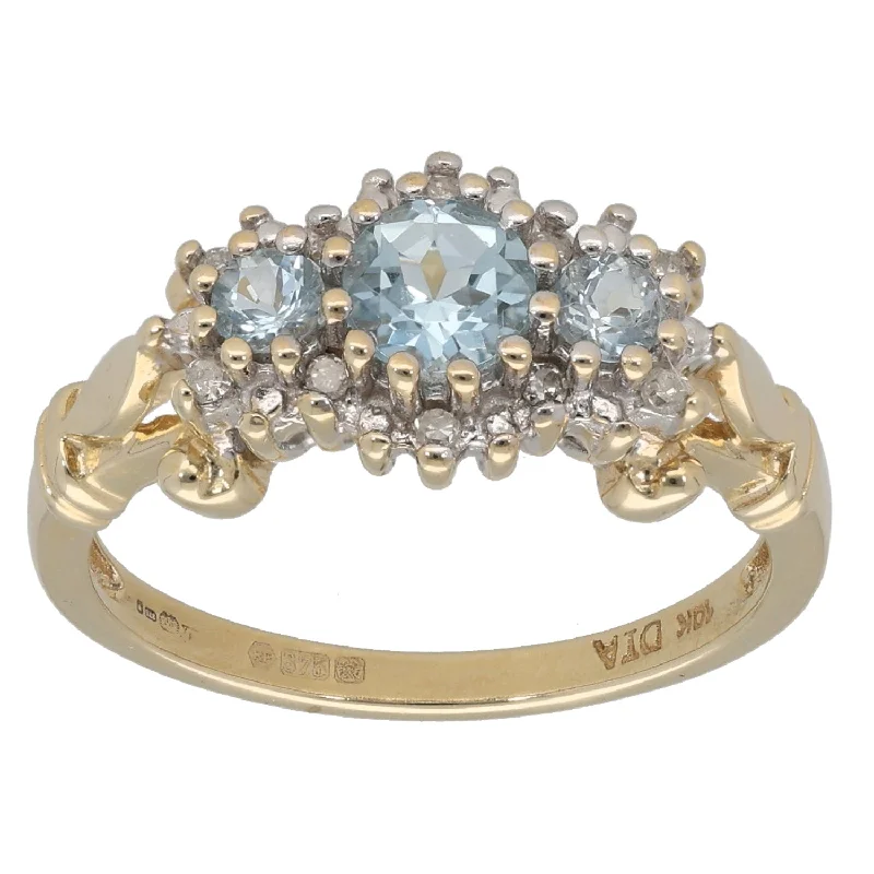 Sun theme rings-9ct Gold Aquamarine & 0.10ct Round Diamond Dress/Cocktail Ring Size P