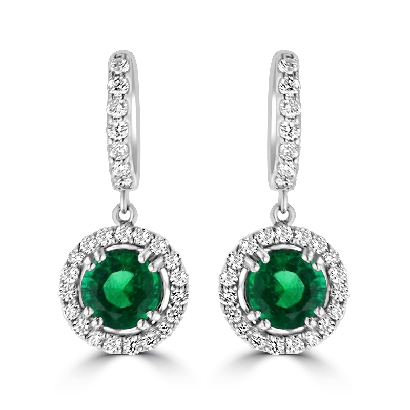 Gem strand earrings-JULEVE 2.54 CTW EMERALD & 0.92 CTW DIAMOND HALO DROP EARRINGS