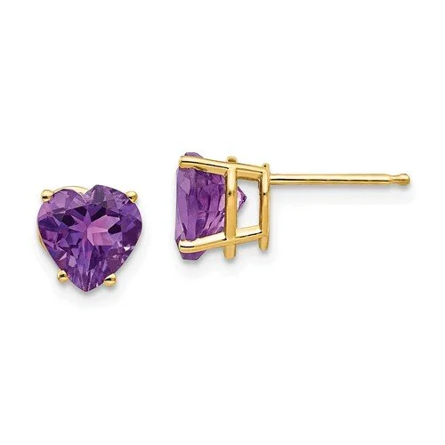 Gem strand earrings-14KT YELLOW GOLD HEART AMETHYST STUD EARRINGS