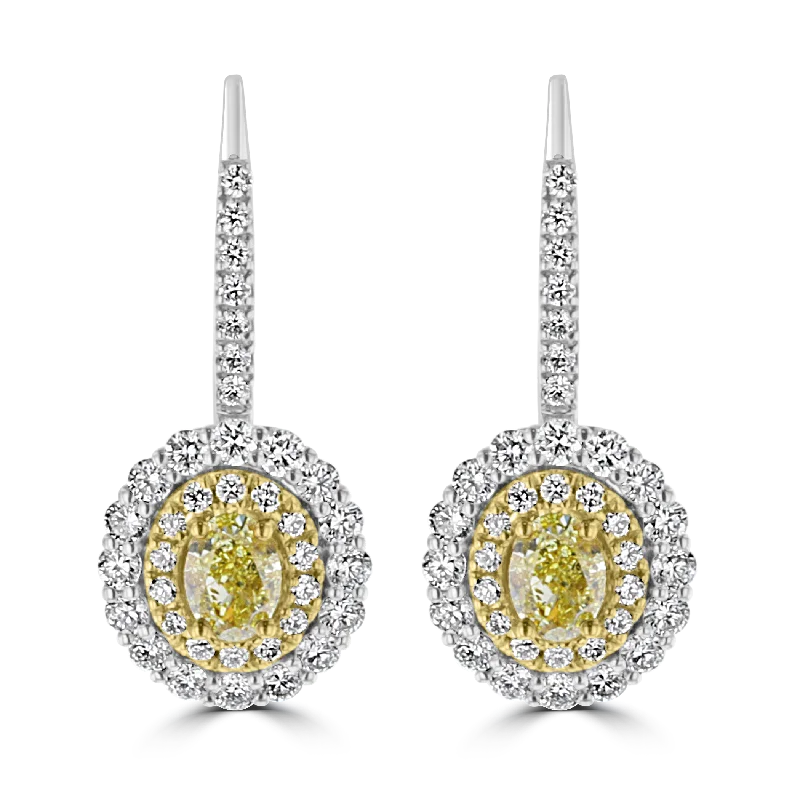 Fine pearl earrings-18KT GOLD 1.01 CTW YELLOW & 1.13 CTW WHITE DIAMOND OVAL HALO EARRINGS