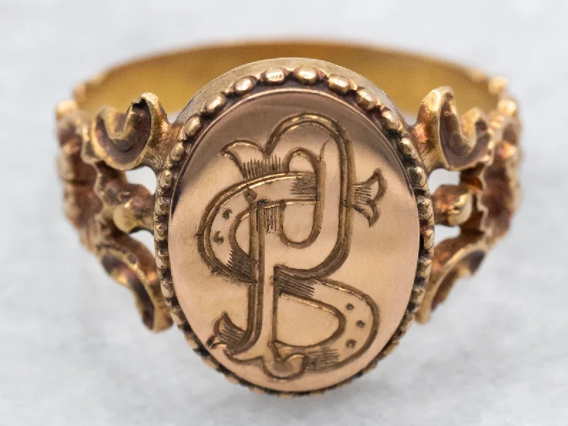 Soft wood rings-800 Gold "PS" Engraved Signet Ring with Ornate Shoulders