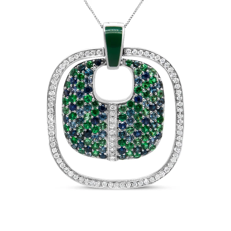 Slide clasp necklaces-.925 Sterling Silver Green Enamel Pendant with 1/2 Cttw Diamond, Sapphire, and Tsavorite Openwork Statement 18" Pendant Necklace