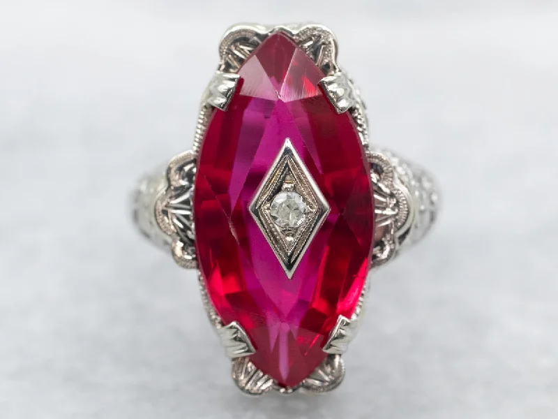 Square shape rings-White Gold Marquise Cut Synthetic Ruby Ring with Diamond Accent