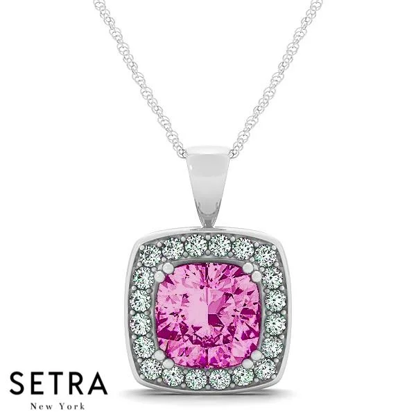 Family birthstone necklaces-18K Gold Round Cut Diamonds & Cushion Cut Pink Sapphire In Halo Necklace