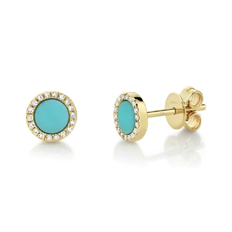 Curved design earrings-14KT GOLD .47 CTW TURQUOISE & .08 CTW DIAMOND HALO EARRINGS