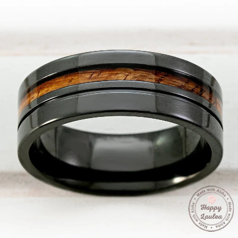 Fine wing rings-Black Zirconium High Polished Ring with Offset Hawaiian Koa Wood Inlay - 8mm Flat Shape, Comfort Fitment