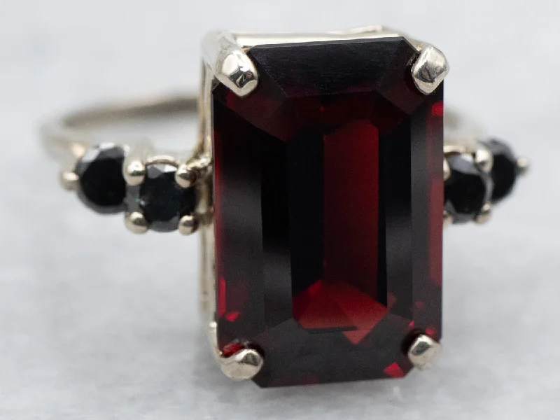 Beaded gem rings-White Gold Emerald Cut Garnet Ring with Black Diamond Accents