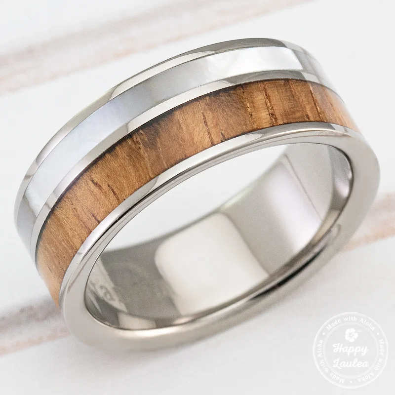 Rose quartz rings-Titanium Ring with Hawaiian Koa Wood & Mother Of Pearl Shell Inlay - 8mm, Flat Shape, Comfort Fitment