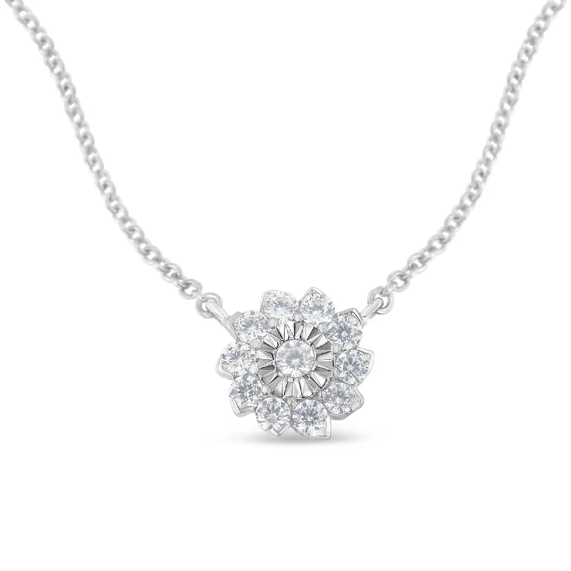 Wide bar necklaces-.925 Sterling Silver 1/2 Cttw Diamond Miracle Set Flower Cluster Pendant Necklace with Cable Chain