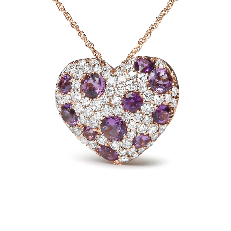 Ripple shape necklaces-18K Rose Gold 3/4 Cttw Diamond and Purple Amethyst Cluster Heart Shape 18" Pendant Necklace