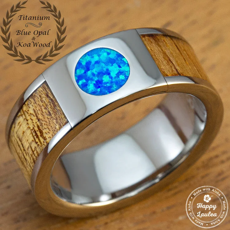 Solid stone rings-Titanium 8mm Ring with Round Blue Opal and Hawaiian Koa Wood Inlay