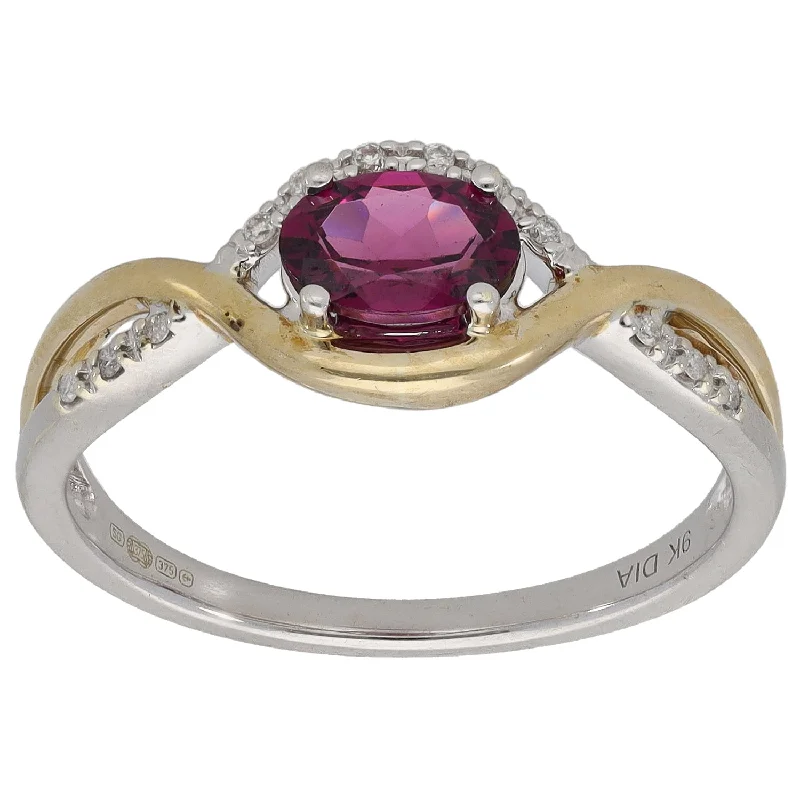 Open frame rings-9ct Bi-Colour Gold Garnet & 0.12ct Diamond Dress/Cocktail Ring Size R