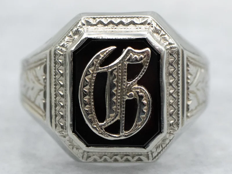 Oxidized bronze rings-Antique Black Onyx "C" in Old English Signet Ring