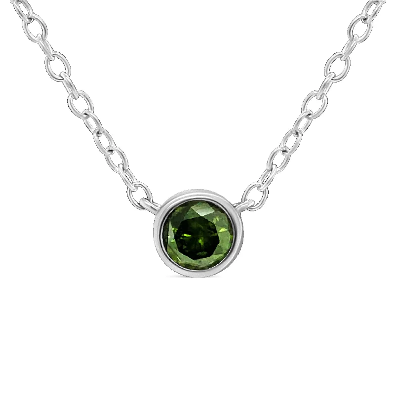 Tulip flower necklaces-.925 Sterling Silver 1/5 Cttw Treated Green Diamond Solitaire Bezel 18" Pendant Necklace