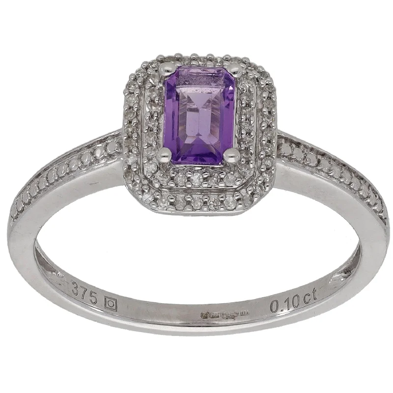 Slide band rings-9ct White Gold Amethyst & 0.10ct Diamond Dress/Cocktail Ring Size R