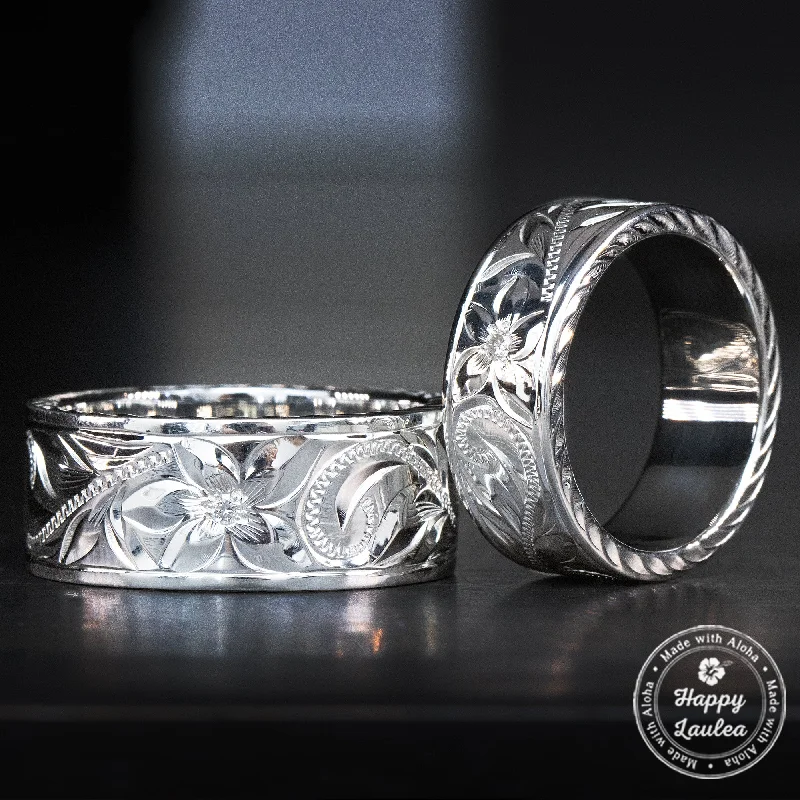 Stretch open rings-Sterling Silver Hawaiian Jewelry Ring with Old English Design & Diamond Cut Side Edge, 8mm-10mm, Flat Shape, Standard Fitment