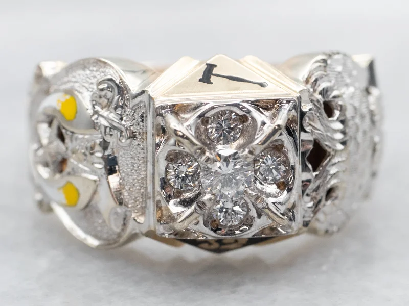 Woven thread rings-Yellow and White Gold Enamel and Diamond Cluster Masonic Ring